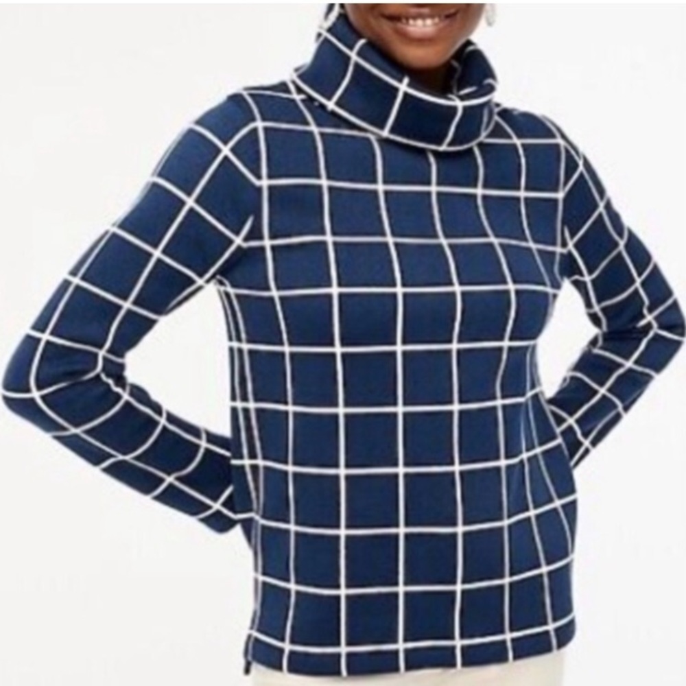 J. Crew Factory navy blue white windowpane funnel neck sweater Large